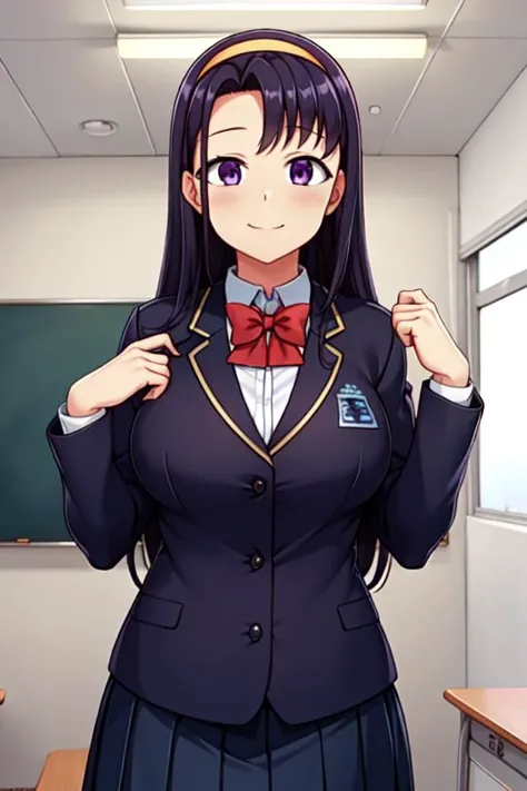 great quality, (ultra high res, ultra detailed, high resolution, highly detailed, 4k, 8k), (best quality, masterpiece), an extremely delicate and beautiful, seductive smile, sensual face, Akino_Sakagami_SaiminSeishidou, curvy, school_uniform, Blue_jacket, red_bowtie, pleated_skirt, long sleeves, black_hair, purple_eyes, Long_hair, Yellow_hairband, Bangs, school, classroom, kyoushitsu, indoors, school chair, school desk, chalkboard, window, ceiling light, curtains, <lora:å¬ç æ§æå° åä¸æä¹ Akino_Sakagami_SaiminSeishidou-KK77-V2:0.6>, <lora:å¬ç æ§æå° åä¸æä¹ AkinoSakagami_Seishidou-V1:0.2>, <lora:妿 ¡ã®æå®¤ kyoshitsu_SD15_V3:0.6>,