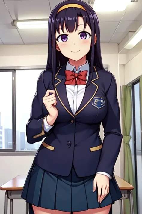 great quality, (ultra high res, ultra detailed, high resolution, highly detailed, 4k, 8k), (best quality, masterpiece), an extremely delicate and beautiful, seductive smile, sensual face, Akino_Sakagami_SaiminSeishidou, curvy, school_uniform, Blue_jacket, red_bowtie, pleated_skirt, long sleeves, black_hair, purple_eyes, Long_hair, Yellow_hairband, Bangs, school, classroom, kyoushitsu, indoors, school chair, school desk, chalkboard, window, ceiling light, curtains, <lora:å¬ç æ§æå° åä¸æä¹ Akino_Sakagami_SaiminSeishidou-KK77-V2:0.6>, <lora:å¬ç æ§æå° åä¸æä¹ AkinoSakagami_Seishidou-V1:0.2>, <lora:妿 ¡ã®æå®¤ kyoshitsu_SD15_V3:0.6>,