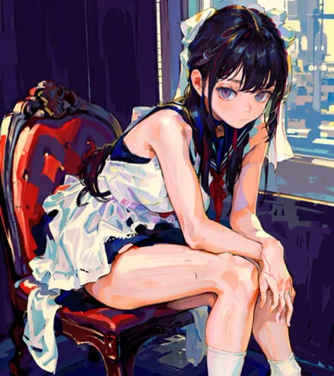 a very young girl with silk and transparent clothing and with maid and lace_trim and seifuku and ribbon, and sitting with crossed legs with knees_up and leaning forward and looking at viewers, solo,(eyelashes:0.5),(blush:0.5),slender,well-defined_body,
large breasts, bare legs, bare shoulders, white short socks,mary janes,
masterpiece, best quality, best quality, highest quality, extremely detailed wallpaper, original,highres,