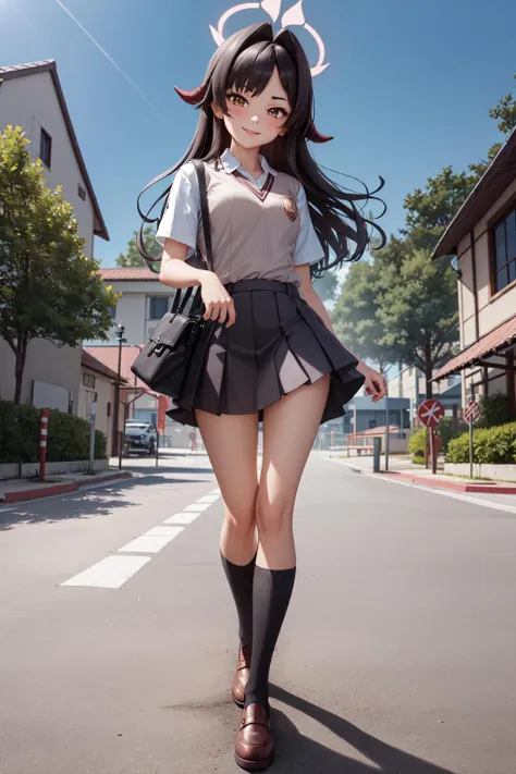 (masterpiece:1.3), (absurdres:1.3), (best quality:1.3), (ultra-detailed:1.3), 1girl, looking at viewer, full body, smile, outdoors, kasumiface, halo, <lora:tokiwadai_school_uniform:1>, tokiwadai school uniform,  <lora:kasumi-09:0.8>, dynamic pose,