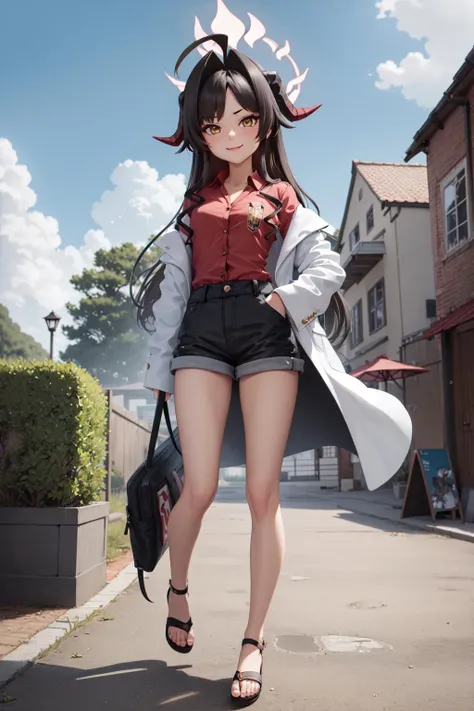 (masterpiece:1.3), (absurdres:1.3), (best quality:1.3), (ultra-detailed:1.3), 1girl, looking at viewer, full body, smile, outdoors, kasumiid, halo, white coat, sandals, <lora:kasumi-09:1>, dynamic pose,