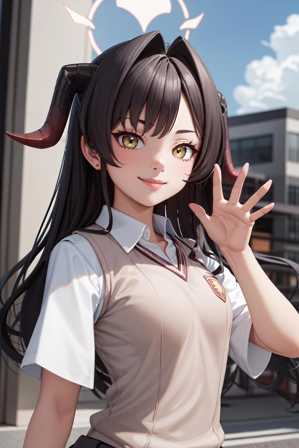 (masterpiece:1.3), (absurdres:1.3), (best quality:1.3), (ultra-detailed:1.3), 1girl, looking at viewer, upper body, smile, outdoors, kasumiface, halo, <lora:tokiwadai_school_uniform:1>, tokiwadai school uniform, <lora:kasumi-09:0.8>, dynamic pose, waving,