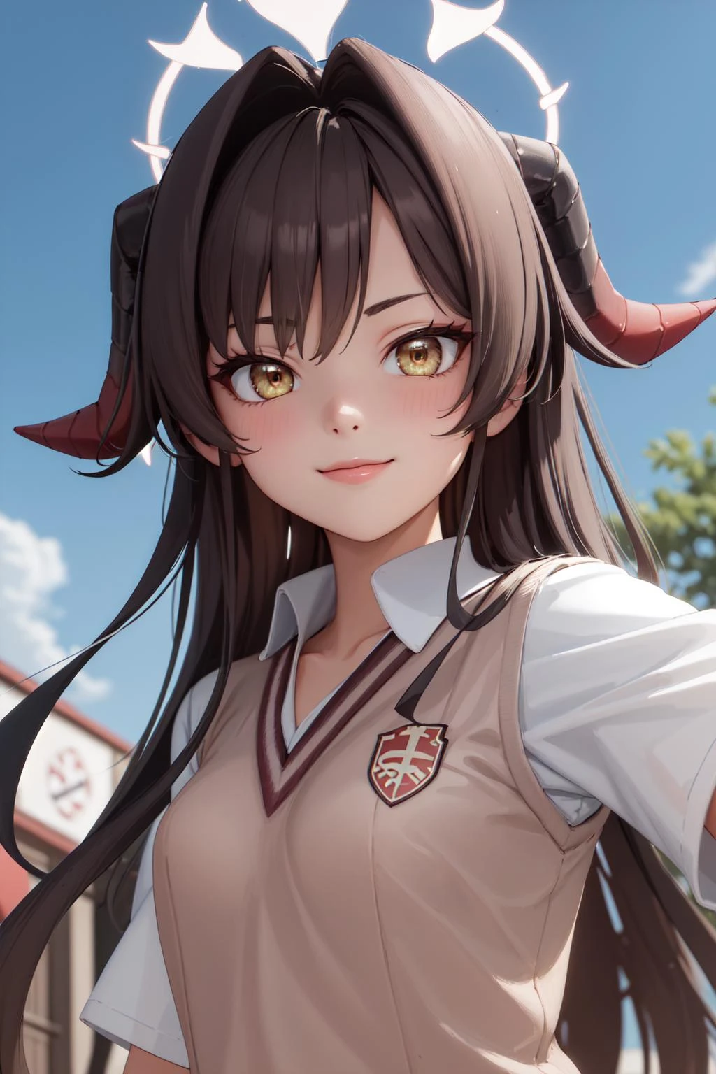 (masterpiece:1.3), (absurdres:1.3), (best quality:1.3), (ultra-detailed:1.3), 1girl, looking at viewer, upper body, smile, outdoors, kasumiface, halo, <lora:tokiwadai_school_uniform:1>, tokiwadai school uniform, <lora:kasumi-09:0.8>, dynamic pose,