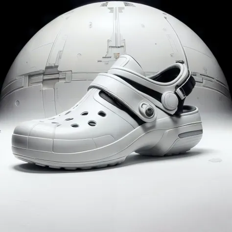 masterpiece, TheEmpireStyle, white, a pair of crocs, footwear focus, hi-tech plastic, sci-fi design, scifi background, detailed, best quality, <lora:edgCrocs1:0.35> <lora:TheEmpireStyle:1>