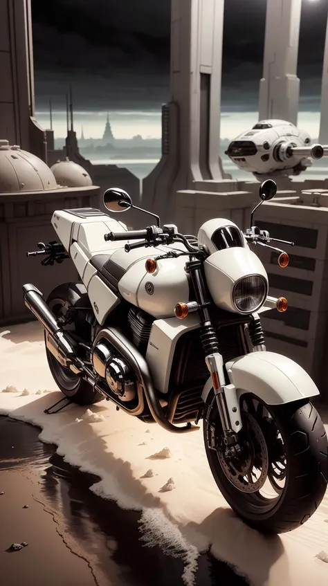 <lora:TheEmpireStyle:1> TheEmpireStyle, white, a motorbike with antigravity feature zooming over a sci-fi city, hi-tech plastic