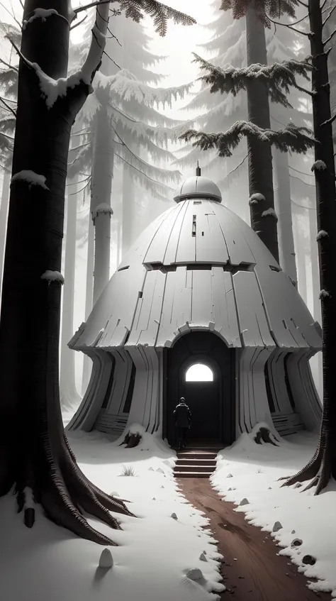 <lora:TheEmpireStyle:1> TheEmpireStyle, white, skillful thief hiding his pilferage within an ancient forest residing in secret chalet, sci-fi design