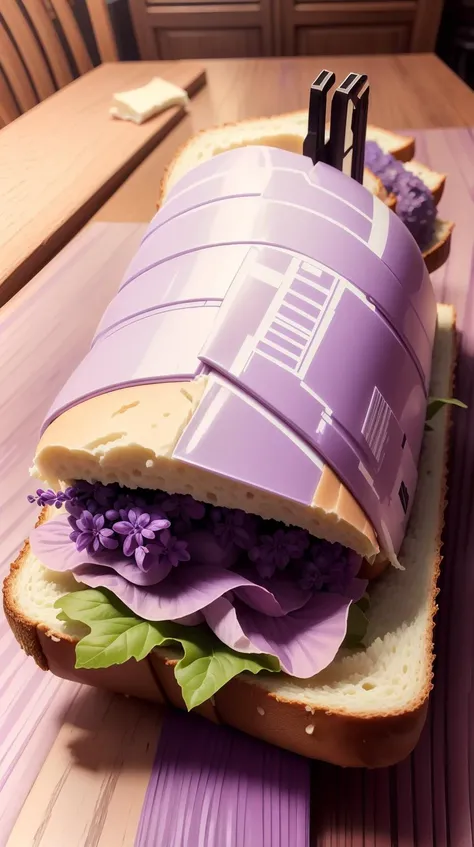 <lora:TheEmpireStyle:1> TheEmpireStyle, (Lilac color:1.5), a half-eaten sandwich, hi-tech plastic