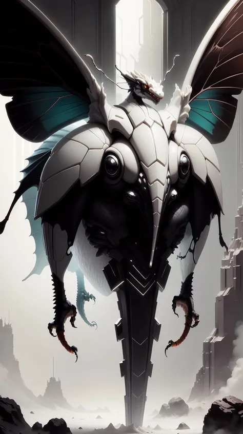 <lora:TheEmpireStyle:1> TheEmpireStyle, white, painting of hybrid between butterfly!!!!!!!!!!!!! & dragon, intercrossed animal, mixture animal, by tiffany bozic, by zdzislaw beksinski, biomorphic, cold hue's, warm tone gradient background, concept art, beautiful composition, digital painting,, hi-tech plastic