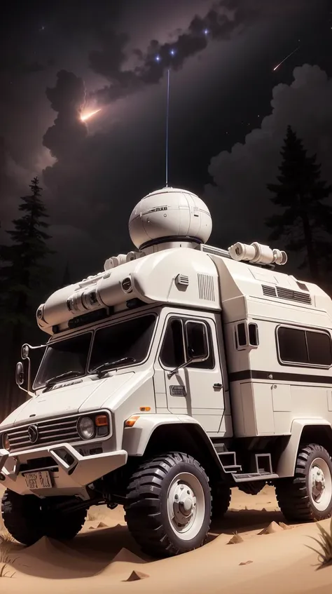 <lora:TheEmpireStyle:1> TheEmpireStyle, white, campers watching a meteor shower from their campsite on a clear night, hi-tech plastic , retro futurism