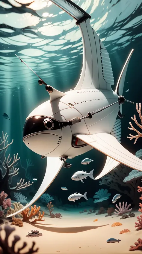 <lora:TheEmpireStyle:1> TheEmpireStyle, white, a fast swordfish darting among coral reef shadows in pursuit of a school of fish, hi-tech plastic