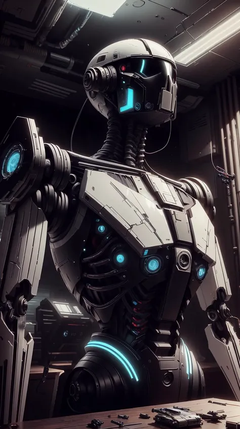 <lora:TheEmpireStyle:1> TheEmpireStyle, white, portrait, solo, upper body, looking up, detailed background, detailed face, (<lora:UltraBlackholeTech:0.6>, scifi, ulblackholetech theme:1.1), android, cyborg, mechanical limbs, wires, cables, advanced technology, dynamic pose, emotionless, artificial intellgience, steel, nanotechnology, gadgets, powered by future tech, holograms, bioluminescent parts, workshop in background, cinematic atmosphere,, hi-tech plastic , retro futurism
