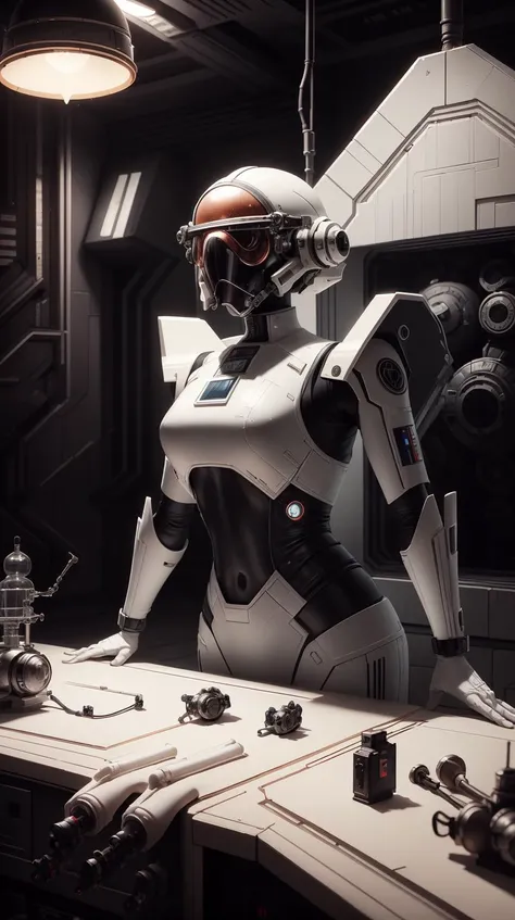 <lora:TheEmpireStyle:1> TheEmpireStyle, white, portrait, looking at viewer, solo, (full body:0.6), detailed background, detailed face, (victorian theme:1.1), scientist, safety-goggles, lab coat, technology, fantasy science lab in background, physics, sparks, nuclear science, dark matter, waveforms, test chamber, flashing lights,, hi-tech plastic