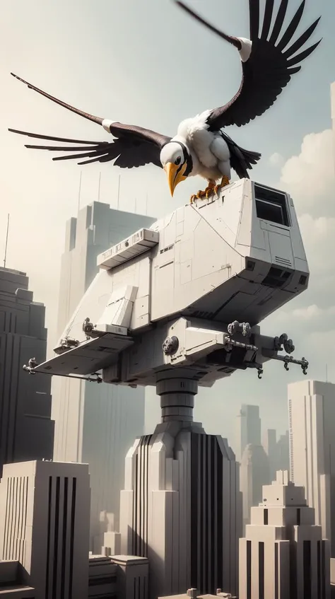 <lora:TheEmpireStyle:1> TheEmpireStyle, white, an electric bird perched on a high-tech tower in a bustling metropolis, hi-tech plastic
