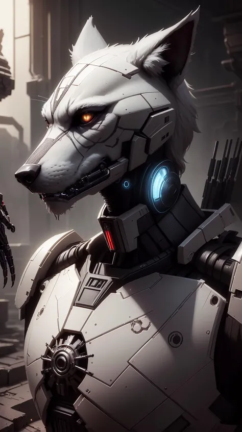 <lora:TheEmpireStyle:1> TheEmpireStyle, white, portrait painting of a cybernetic grey werewolf with power armor, ultra realistic, concept art, intricate details, eerie, highly detailed, photorealistic, octane render, 8 k, unreal engine. art by artgerm and greg rutkowski and alphonse mucha, hi-tech plastic , retro futurism
