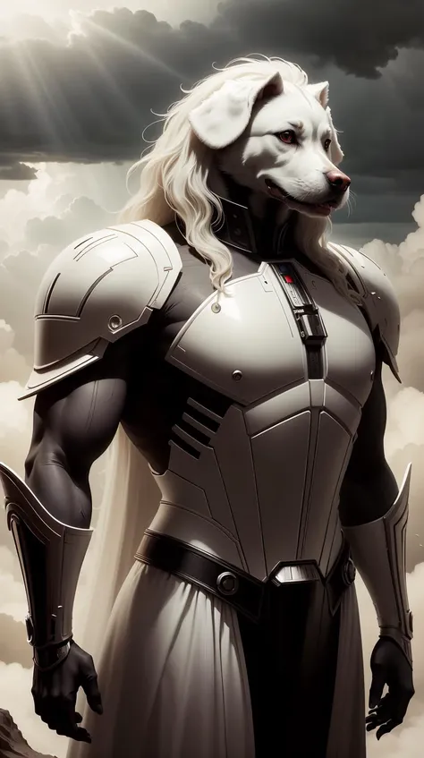<lora:TheEmpireStyle:1> TheEmpireStyle, white, Dog as a god, detailed face, gorgeous, amazing, flowing hair, very muscular male body, partial anatomy, stormy background, caesar victorious, proud Emperor, crepuscular ray, intricate, highly detailed, 8K, digital painting, fantasy, artstation, concept art, sharp focus, over-shoulder shot, illustration, art by Wayne Barlowe and alphonse mucha, hi-tech plastic