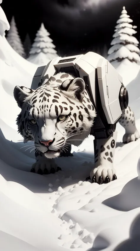 <lora:TheEmpireStyle:1> TheEmpireStyle, white, a snow leopard stalking its prey in the snow lands, hi-tech plastic , sci-fi design