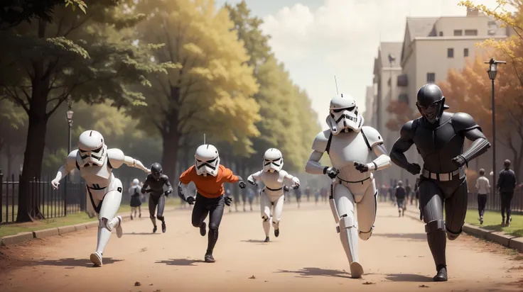 <lora:TheEmpireStyle:1> TheEmpireStyle, white, a group of children of various races and skin tones laughing and chasing each other in a park, hi-tech plastic