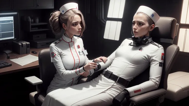 <lora:TheEmpireStyle:1> TheEmpireStyle, white, female nurse comforting a patient in pain, hi-tech plastic , sci-fi design