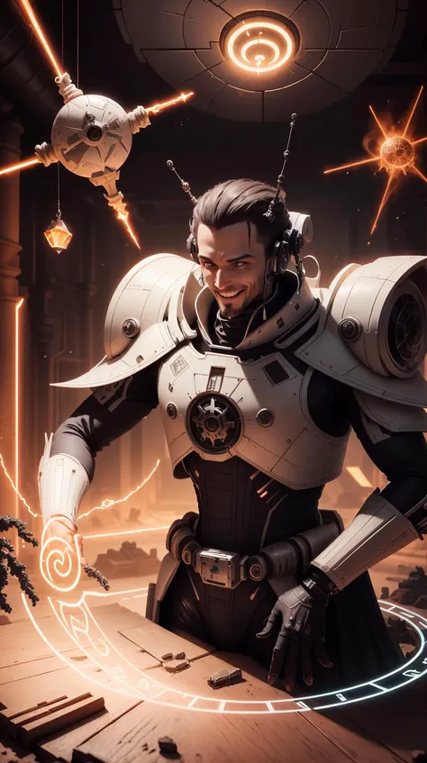 <lora:TheEmpireStyle:1> TheEmpireStyle, white,   solo, upper body, looking down, detailed background, detailed face, (<lora:runemagic:0.4>, magic_circle, Rune_Magic theme:1.1), smiling, techno-priest,  dynamic pose, [magic|technology], union of spellcraft and engineering, Orange intricate [enchanted clothes|engineering gear],  tattoos, gadgets,  cloak, [electric sparks|ancient sparks], [casting spell   [electric|ethereal] aura, futuristic city street in background, <lora:Fire_VFX:0.2>,  ,  cinematic atmosphere,, hi-tech plastic