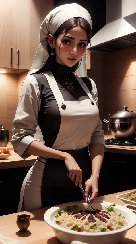 <lora:TheEmpireStyle:1> TheEmpireStyle, white, a Jordanian woman preparing traditional Mansaf for a family feast, hi-tech plastic