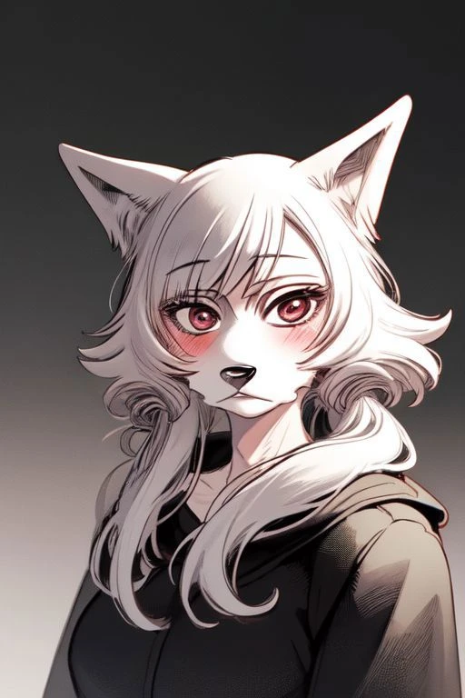 solo, female, wolf, blush, beastars <lora:Beastars_style_v01:1>