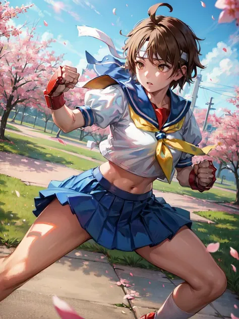 (masterpiece), (best quality), ultra high res, professional artwork, ultra detailed, intricate, detailed face, perfect lighting, 1girl, <lora:kasugano sakuraV2:0.7>, kasugano sakura, brown eyes, brown hair, short hair, bangs, ahoge, headband, serafuku, puffy sleeves, crop top, yellow neckerchief, pleated skirt, fingerless gloves, thighs, white socks, red footwear, fighting stance, punching, fighting, (cowboy shot, far shot, dutch angle), cherry blossoms, falling petals, beautiful background