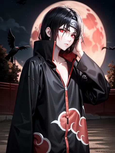 (masterpiece), (best quality), ultra high res, professional artwork, ultra detailed, intricate, detailed face, perfect lighting, 1girl, black hair, (red eyes, glowing eyes:1.1), eye shadow, dark eyeliner, AKATSUKI OUTFIT, ninja, black cloak, black coat, forehead protector, (collarbone), sidelocks , head, night, night sky, crescent moon, (red moon:1.1, crow), angry face, hand on own head , outdoors, (cowboy shot, far shot), looking at viewer