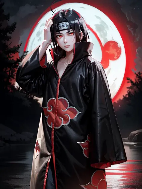 (masterpiece), (best quality), ultra high res, professional artwork, ultra detailed, intricate, detailed face, perfect lighting, 1girl, black hair, (red eyes, glowing eyes), <lora:akatsuki-outfit:1>, AKATSUKI OUTFIT, ninja, black cloak, black coat, forehead protector, (collarbone), sidelocks , head, night, night sky, crescent moon, (red moon, crow), angry face, hand on own head , outdoors, (cowboy shot, far shot)