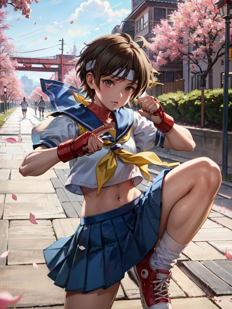 (masterpiece), (best quality), ultra high res, professional artwork, ultra detailed, intricate, detailed face, perfect lighting, 1girl, <lora:kasugano sakuraV2:0.7>, kasugano sakura, brown eyes, brown hair, short hair, bangs, ahoge, headband, serafuku, puffy sleeves, crop top, yellow neckerchief, pleated skirt, fingerless gloves, thighs, white socks, red footwear, fighting stance, punching, (cowboy shot, far shot), cherry blossoms, falling petals, beautiful background