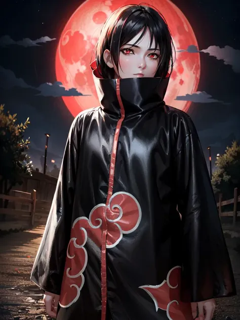 (masterpiece), (best quality), ultra high res, professional artwork, ultra detailed, intricate, detailed face, perfect lighting, 1girl, black hair, (red eyes), <lora:akatsuki-outfit:1>, AKATSUKI OUTFIT, ninja, black cloak, black coat, high collar, collarbone, head, night, night sky, crescent moon, red moon, outdoors, (cowboy shot, far shot)