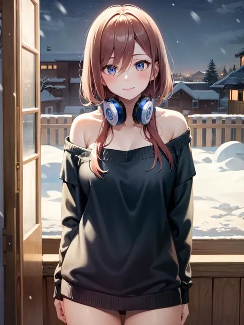 (masterpiece), (best quality), ultra high res, professional artwork, ultra detailed, intricate, detailed face, perfect lighting, 1girl, <lora:nakano_miku_v10:0.7>, nm1, headphones around neck, sweater, bare shoulder, large breasts, closed mouth, smile, cowboy shot, far shot, beautiful background, winter, snow, snowing, night time, indoors