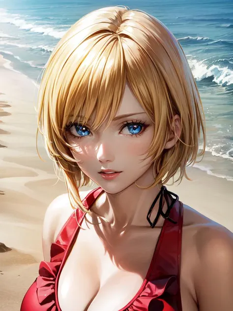 (masterpiece:1.2), (best quality:1.2), ultra high res, professional artwork, ultra detailed, detailed face, detailed eyes, perfect lighting, intricate, 1girl, blonde hair, blue eyes, ayabrea, (large breasts:1.3, cleavage), frilled bikini, red bikini, midriff, realistic, day, beach, sea, road, shops, sand, los angeles <lora:ayabreav2:0.6><lora:add_detail:0.5>