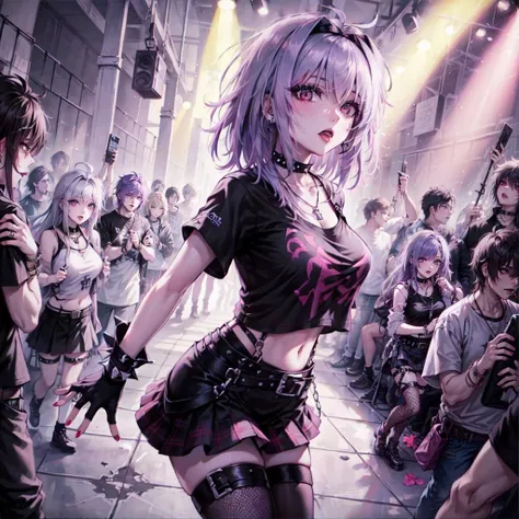 masterpiece, best quality, ultra high res, intricate, cinematic lighting, 1girl, large breasts, light purple hair, yellow eyes, punk, punk fashion, gothic, pale skin, (messy hair), cowboy shot, asymmetrical legwear, black choker, spiked choker, black gloves, fingerless gloves, cross necklace, fang, fishnet pantyhose, fishnets , plaid skirt, pleated skirt, black shirt, skull print shirt, cropped shirt, midriff, red skirt, o-ring thigh strap, thigh strap, studded bracelet, belt buckle, metal chain, heavy metal, ear piercing, earrings, jewelry, nail polish, spiked collar, spikes, striped thighhighs, zettai ryouiki, tongue piercing, heavy makeup, (dark eyeliner, eye shadow), red lips, (emo_hairstyle) <lora:emo_hairstyle:0.6> , dancing, nightclub, underground, crowd, industrial, aggressive, elaborate, crowds, soft lighting, hard shadow, magenta light, dark, contrast, neon sign, UNDERGROUNDCLUB