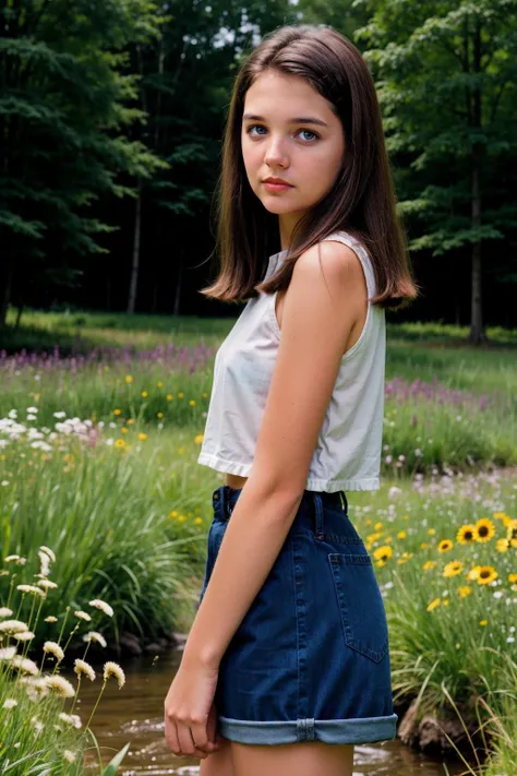 cinematic film still, (16 year old) photo of <lora:JoeyPotter:1> standing by a creek, side profile, full body, fields of grass and flowers, dark brown hair, ((looking at viewer:1.1, eye contact)), 8K, 16k, uhd, dslr, best quality, high quality, realistic, photo-realistic, ultra-detailed,