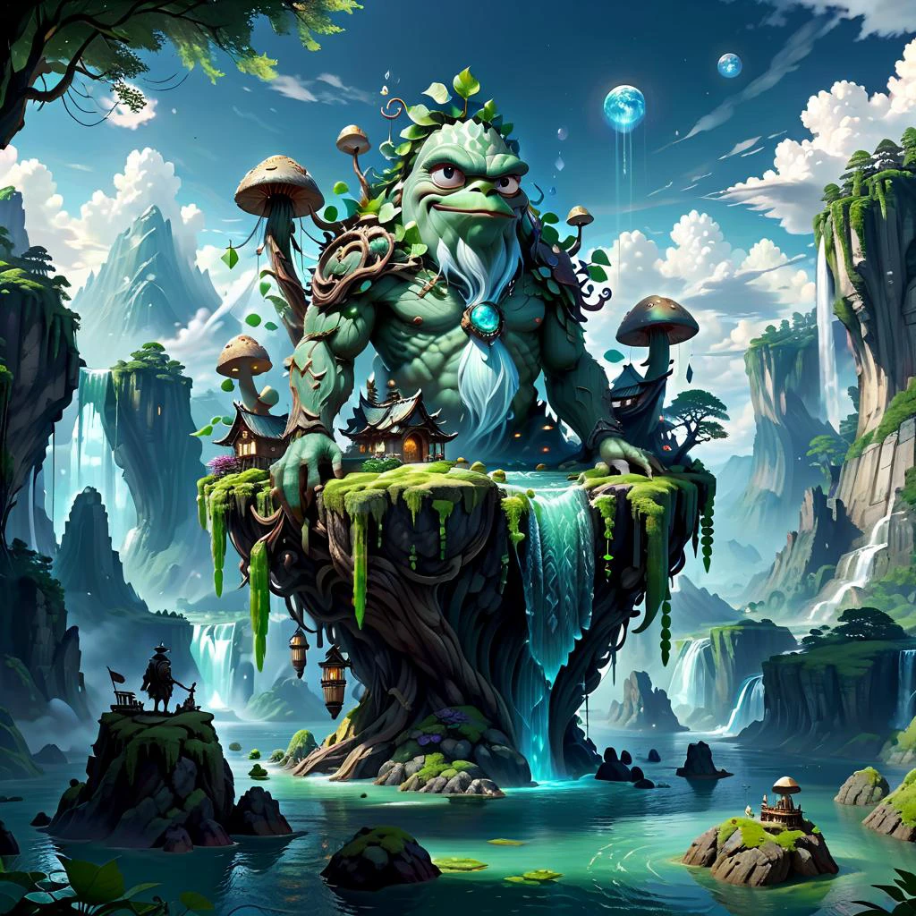 (masterpiece, best_quality, ultra-detailed, immaculate:1.3), epic, illustration, Magical floating islands with translucent giant PEPE mega-physique guardian watching over earth, solo, outdoors, sky, cloud, water, armor, glowing, , cloudy sky, staff, glowing eyes, rock, mountain, <lora:ral-mytfrst-sdxl:0.8> ral-mytfrst , fantasy, glowing, glowing eyes, fantasy landscape, floating islands, falling waterfalls, <lora:guardian:0.9> enormous guardian spirit <lora:ponydiffusionv6_pepethefrog:1>