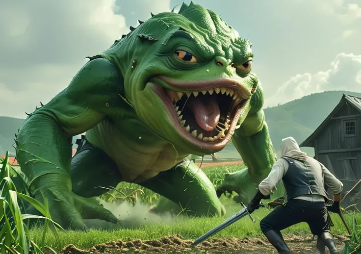 an action shot of a farmer fighting a giant fantasy Bosstyle monster pepe frog , destroyed farm in background, Bosstyle, hkstyle, HD, masterpiece, best quality, hyper detailed, ultra detailed, super realistic <lora:ponydiffusionv6_pepethefrog:.3> <lora:XL_boss_battle:1.0> Bosstyle