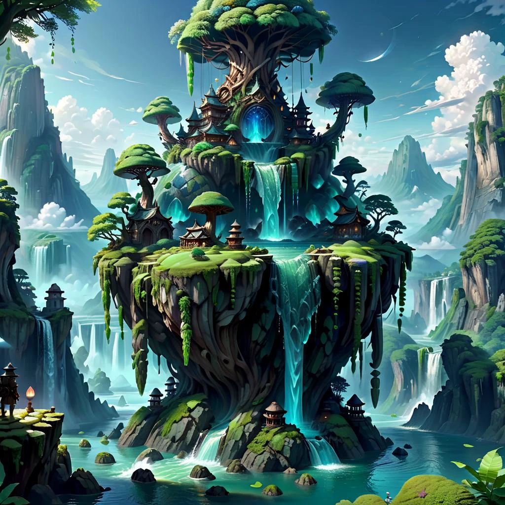 (masterpiece, best_quality, ultra-detailed, immaculate:1.3), epic, illustration, Magical floating islands with translucent giant PEPE mega-physique guardian watching over earth, solo, outdoors, sky, cloud, water, armor, glowing, , cloudy sky, staff, glowing eyes, rock, mountain, <lora:ral-mytfrst-sdxl:0.8> ral-mytfrst , fantasy, glowing, glowing eyes, fantasy landscape, floating islands, falling waterfalls, <lora:guardian:0.9> enormous guardian spirit <lora:ponydiffusionv6_pepethefrog:1>
