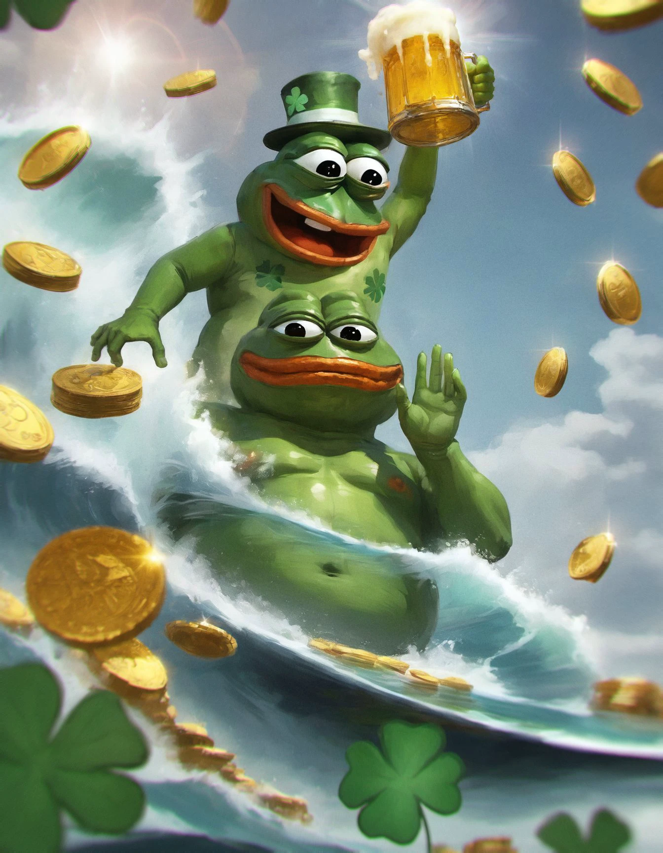 (happy:1.2) Overweight pepe the frog (leprechaun:1.2) orange beard, pile of gold coins on BG (field of green four leaf clover:1.2) (holding beer:1.2)
score_9, score_8_up, score_7_up, score_6_up, rating_questionable
low angle, (fisheye:1.2)
(pepe the frog:1.3) frog (St.Patrick's Day theme:1.3), (surreal:1.3) (gold coins:1.2) (rainbow:1.2) (celtic:1.3) landscape on BG
<lora:ponydiffusionv6_pepethefrog:0.8> pepe the frog <lora:Digital Art Style SDXL_LoRA_Pony Diffusion V6 XL:0.78> indoors
<lora:add-detail-xl:0.32> <lora:Concept Art Twilight Style SDXL_LoRA_Pony Diffusion V6 XL:0.68>