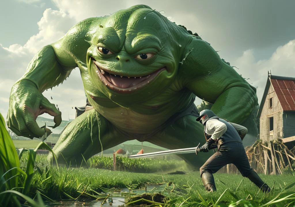 an action shot of a farmer fighting a giant fantasy Bosstyle monster pepe frog giant, destroyed farm in background, Bosstyle, hkstyle, HD, masterpiece, best quality, hyper detailed, ultra detailed, super realistic <lora:ponydiffusionv6_pepethefrog:1> <lora:XL_boss_battle:0.8> Bosstyle