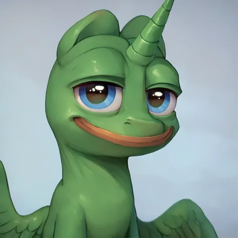 score_9, score_8_up, score_7_up, score_6_up, score_5_up, score_4_up, (by aki99), (solo), source_pony, rating_safe, pepe the frog, alicorn body, frog head, bald, smug, spread wings, masterpiece, detailed soft lighting <lora:aki99_pony_v3-000012:0.8> <lora:ponydiffusionv6_pepethefrog:1>