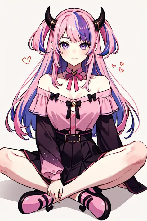 <lora:LotusPosition:0.75> LotusPosition, Lotus position, <lora:Ironmouse:0.35>  ironmouse, purple eyes, pink hair, purple hair, streaked hair, two side up, horns, black skirt, heart hair ornament, off-shoulder shirt, pink shirt, bow, (ironmouse (1st costume):1.3), vshojo, smile,, absurdres, ultra detailed, masterpiece, best quality, aesthetic, detailed,