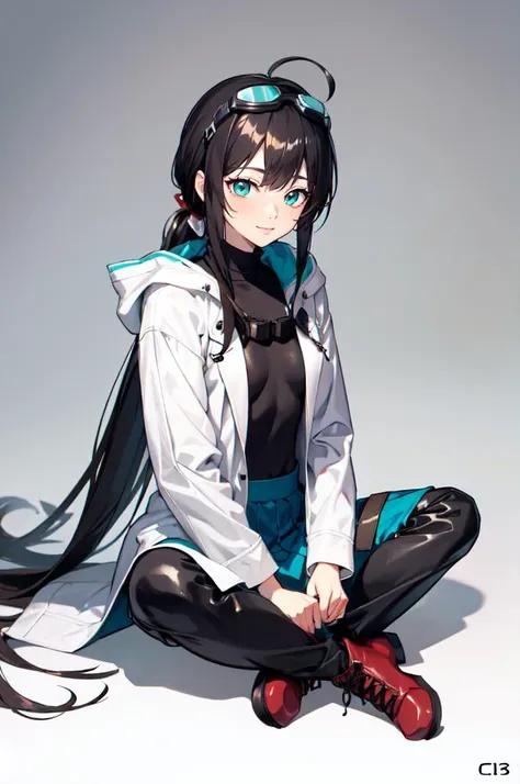 <lora:LotusPosition:0.75> LotusPosition, Lotus position,, absurdres, ultra detailed, masterpiece, best quality, aesthetic, detailed,, katya1, solo, smile, 1girl, aqua eyes, black hair, <lora:low_ponytail-1.0:0.7> low ponytail, ahoge, absurdly long hair, very long hair, hair flaps, hair between eyes, bangs, crossed bangs, messy hair, small breasts, goggles on head, closed mouth,, hooded coat, open coat, turtleneck, pants, black knee boots, multiple straps, white coat, layered clothes, hair ribbon, pants under skirt,