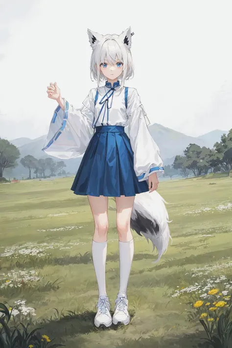 (masterpiece:1.4, best quality, Korean text:1.3), 1girl, teenage, (shirakami fubuki, fox ears), (white hair:1.3), medium hair, single braided hair, ((very skinny:1.5, very skinny legs:1.3)), blue eyes, detailed eyes, blue ribbon, hanbok, white and blue hanbok, high-waist skirt, blue skirt, white shirt, (wide sleeves), (miniskirt), full body, white kneehighs, white legwear, (Chinese architecture), (meadows, field), standing, pink sneakers,