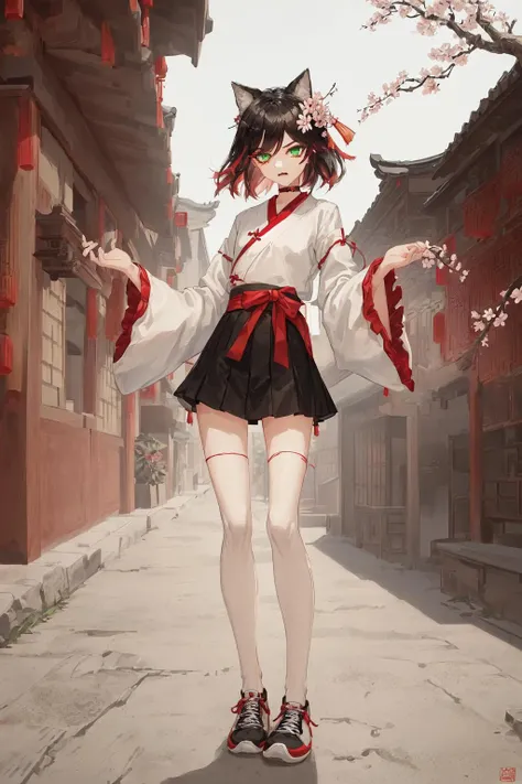 (masterpiece:1.4, best quality), 1girl, (cat ears:1.3), teenage, flat chest, (black hair:1.3), medium hair, wind blowing hair, ((very skinny:1.5, very skinny legs:1.5)), (green eyes:1.4), beautiful detailed eyes, hyper detailed, detailed eyes, beautifully coloured, flower hair ornament, red flower hair ornament, (hanfu, black and red hanfu), (wide sleeves), long sleeves, miniskirt, frilled skirt, flat chest, choker, fang, red ribbon, full body, black thighhighs, Chinese painting background, cherry blossom, (Chinese architecture:1.2), standing, black sneakers, Jordan shoes, (red eyeliner:1.2, red eyeshadow:1.3), village