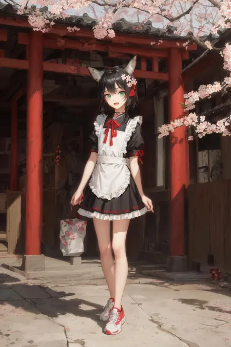 (masterpiece:1.4, best quality), 1girl, (fox ears:1.3), teenage, flat chest, (black hair:1.3), ((very skinny:1.5, very skinny legs:1.3)), green eyes, beautiful detailed eyes, hyper detailed, detailed eyes, beautifully coloured, flower hair ornament, red flower, maid, maid uniform, miniskirt, frilled skirt, flat chest, choker, fang, red ribbon, full body, black thighhighs, Chinese painting background, cherry blossom,Chinese architecture, standing, black sneakers, Jordan shoes