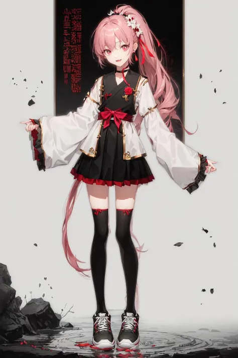 (masterpiece:1.4, best quality, Chinese text:1.3, movi poster:1.3), 1girl, teenage, flat chest, (pink hair:1.3), medium hair, high ponytail, ((very skinny:1.5, very skinny legs:1.3)), pink eyes, detailed eyes, beautifully coloured, flower hair ornament, red flower hair ornament, (hanfu, black and red hanfu), (wide sleeves), long sleeves, (miniskirt, black skirt), frilled skirt, choker, fang, red ribbon, full body, black thighhighs, black legwear, (Chinese architecture), standing, black sneakers, Jordan shoes, lotus leaf, water, sash