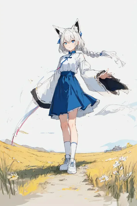 (masterpiece:1.4, best quality, Korean text:1.3, (sketch:1.5)), 1girl, teenage, (shirakami fubuki, fox ears), (white hair:1.3), medium hair, single braided hair, ((very skinny:1.5, very skinny legs:1.3)), blue eyes, detailed eyes, blue ribbon, hanbok, white and blue hanbok, high-waist skirt, blue skirt, white shirt, (wide sleeves), (miniskirt), full body, white kneehighs, white legwear, (Chinese architecture), (meadows, field), standing, pink sneakers,