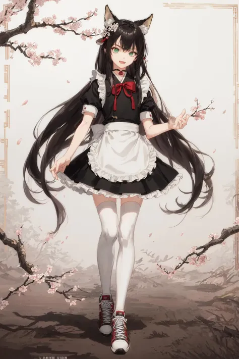 (masterpiece:1.4, best quality), 1girl, (fox ears:1.3), teenage, flat chest, (black hair:1.3), ((very skinny:1.5, very skinny legs:1.3)), green eyes, beautiful detailed eyes, hyper detailed, detailed eyes, beautifully coloured, flower hair ornament, red flower, maid, maid uniform, miniskirt, frilled skirt, flat chest, choker, fang, red ribbon, full body, black thighhighs, Chinese painting background, cherry blossom,Chinese architecture, standing, black sneakers, Jordan shoes