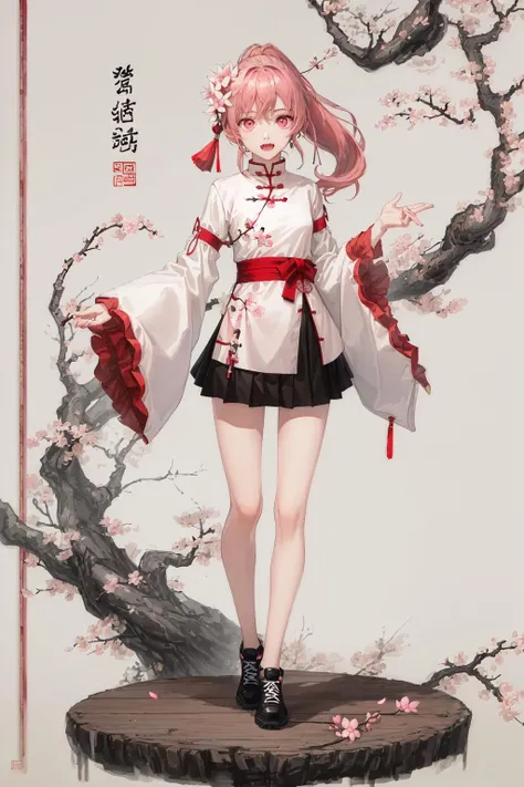 (masterpiece:1.4, best quality, Chinese text:1.3, movi poster:1.3), 1girl, teenage, flat chest, (pink hair:1.3), medium hair, high ponytail, ((very skinny:1.5, very skinny legs:1.3)), pink eyes, detailed eyes, beautifully coloured, flower hair ornament, red flower hair ornament, (hanfu, black and red hanfu), (wide sleeves), long sleeves, (miniskirt, black skirt), frilled skirt, choker, fang, red ribbon, full body, black thighhighs, black legwear, (Chinese painting, cherry blossom:1.3), (Chinese architecture), standing, black sneakers, Jordan shoes, lotus leaf, water, sash