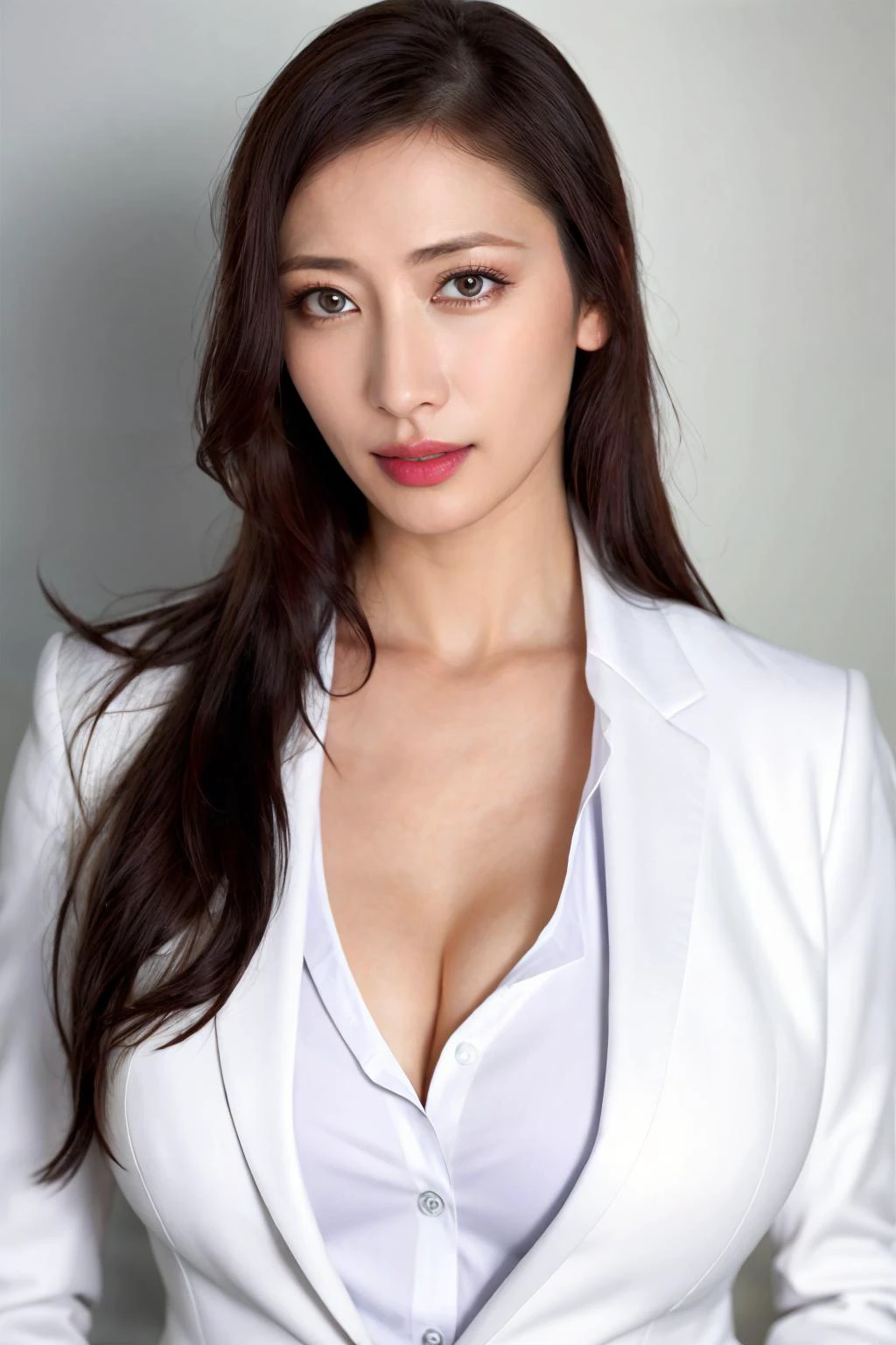 1girl, reikokobayakawa_jav, (tied hair), eyeliner, eyeshadow, lipstick:0.3, milf, (mature), medium breasts, <lora:JAV reiko_kobayakawa v1_epoch_9:0.8>
dynamite lighting, looking at viewer, perky breasts, wearing business suit, white blouse, collared shirt, black coat,
detailed body, attractive body, perfect human body, upper body,
(ultimate quality, masterpiece, highres:1.0), (photorealistic, realistic:1.9),